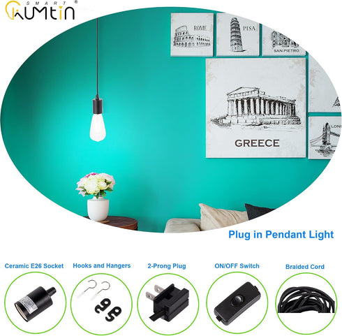15 E26 1-Pack Feet Plug in Pendant Light, Pendant Light Cord Kit, Black Hanging Light Kits with ON/Off Switch, Socket