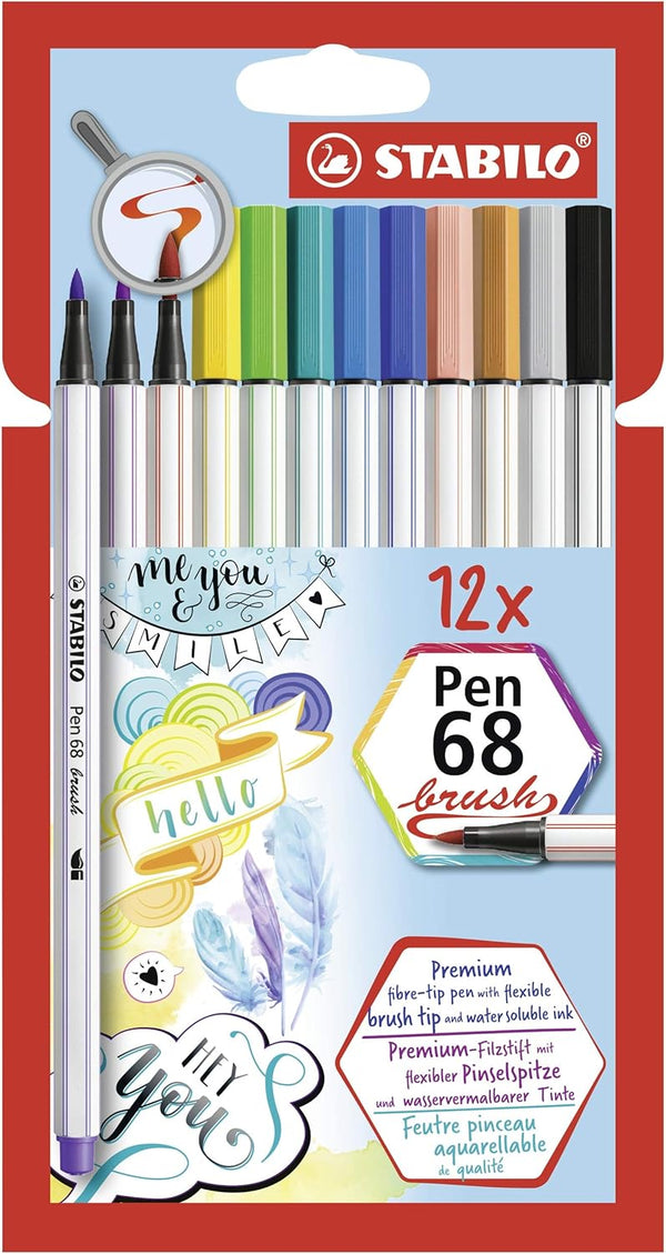 STABILO Premium Fibre-Tip Pen with Brush Tip, Pack of 12, Assorted Colours