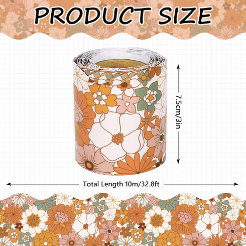 Whaline 32.8ft Boho Floral Bulletin Board Borders Retro Flower Scalloped Strips for School Classroom Office