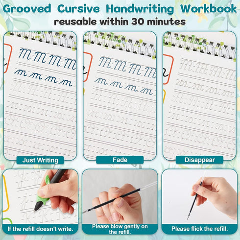 4 Pack gisgfim Grooved Cursive Handwriting Workbook Kit Magic Reusable Grooved Handwriting Practice with Disappearing