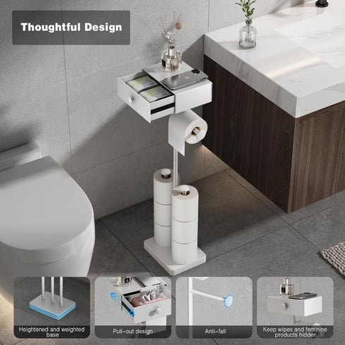 7 VOLDRA Toilet Paper Holder Stand with Shelf, Free Standing Toilet Paper Roll Holder with Wipes Storage Drawer Heavy