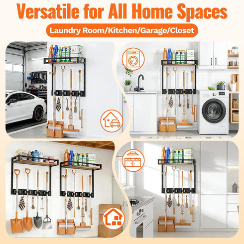 66LBS 4 3 Closet, 1 Pack Broom Holder Wall Mount with Shelf Load Broom and Mop Organizer Wall Hanging Broom Hanger