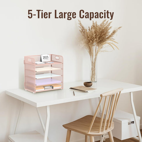 Supeasy 5 Trays Paper Organizer Letter Tray with Handle, Mesh Desk File Sorter for Office, Home or School