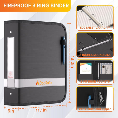 DocSafe 3 Ring Binder, Fireproof 2 Inch Round Ring with Zipper, Dust-Proof PVC-Free Binder for Important Paper Supplies
