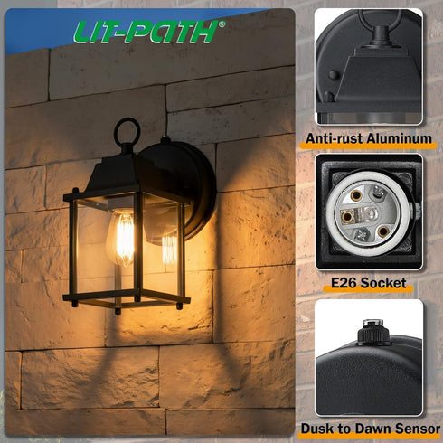 E26 1-Pack, LIT-PaTH Dusk to Dawn Outdoor Wall Lantern, Wall Sconce Waterproof Porch Lighting Fixture, Base, Aluminum