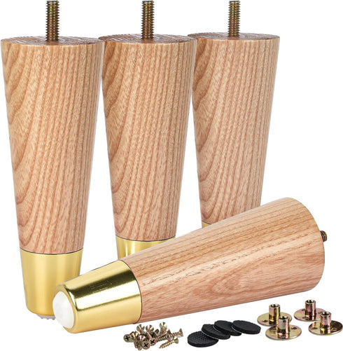 La Vane 4 inch Ash Wood Furniture Legs with Gold Caps, Set of 4