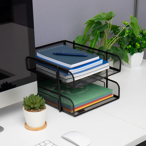 Mind Reader Paper Tray, Set of 2, Stackable Desk Organizer, Storage, Office, Metal Mesh, Black
