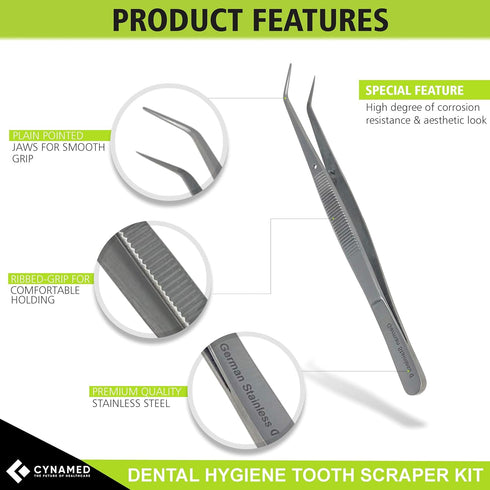 CynaMed Dental Tools Set - 6PC Stainless Steel Dental Pick, Tooth Scraper, Plaque Remover for Oral Care
