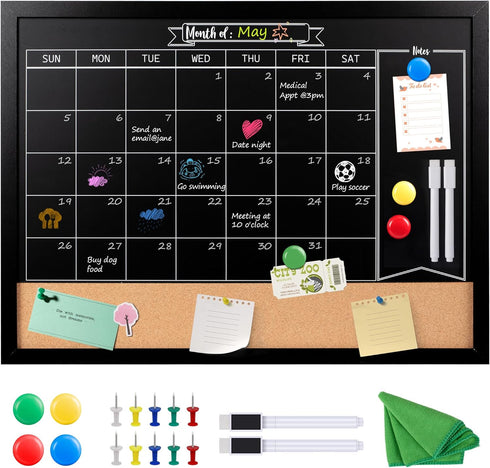 Board2by Monthly Chalkboard Calendar & Cork Board Combo, 18" x 24" Magnetic Board with Hanging Wood Frame
