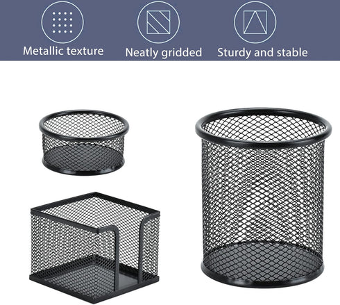 Pen Holder Desktop Pencil Organizer, Metal Mesh Pen Cup, Paper Clip Holder, 3 Pieces Set for Desk