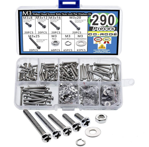 290pcs M3 Screws Assortment with Bolts, Nuts, Flat and Lock Washers, 304 Stainless Steel