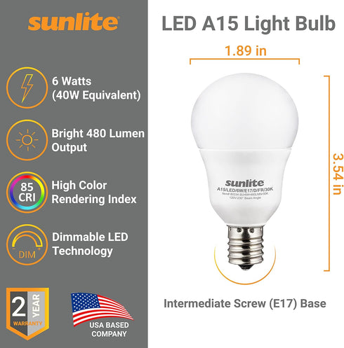 Sunlite 80334-SU LED A15 Light Bulb, 6 Watts (40W Equivalent), Intermediate Base (E17), 480 Lumens, Dimmable, Frosted Finish, ETL Listed, 1 Count, 3000K Warm White by Sunlite