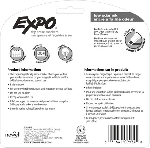 Expo Magnetic Dry Erase Markers with Eraser, Assorted Chisel Tip, 4 Count