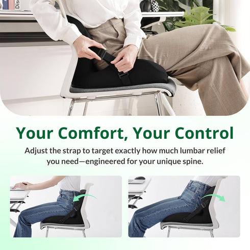 FuturaLoom Tailbone Memory Foam L-Shaped Seat Cushion with Lumbar Support & Adjustable Strap - Pain Relief for Office