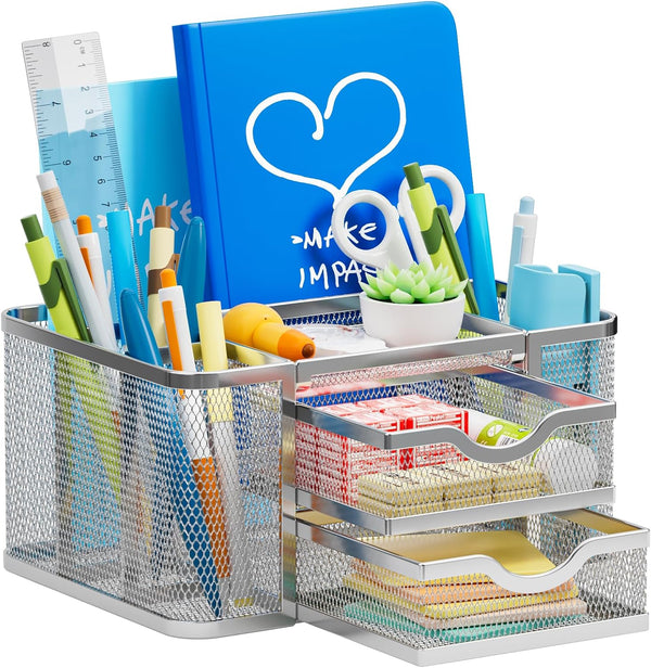 Marbrasse Mesh Desk Organizer, Pen Organizer with 2 Drawers, Multi-Functional Pencil Holder for Office Art Supplies