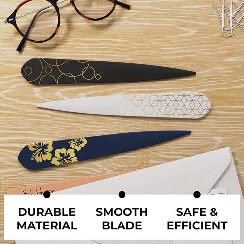 Uncommon Desks Letter Opener - 3 Pack Plastic Letter Openers with Trendy Designs, Ergonomic Handle for Comfort