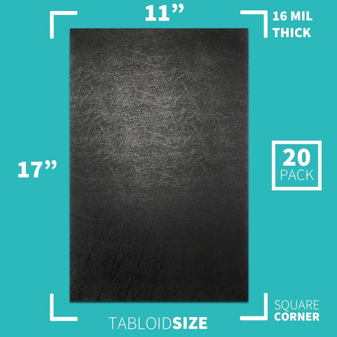 Binditek 20 Pack 16 Mil Leather Textured Heavy Duty Polycovers, 11 x 17 Inches, Black Binding Covers