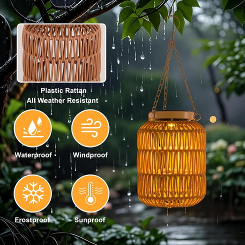 (2) Solar Outdoor Lanterns Waterproof, Hanging Rattan Lantern Lights for Outside, Solar lamp Outdoor Chandelier Idea