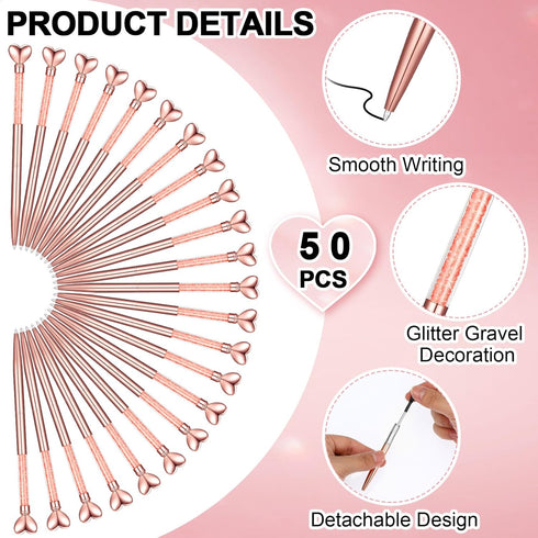 Jetec 50 Pcs Heart Shaped Ballpoint Pens, Bulk Valentine's Day Gifts, Black Ink, Rose Gold Diamond Crystal