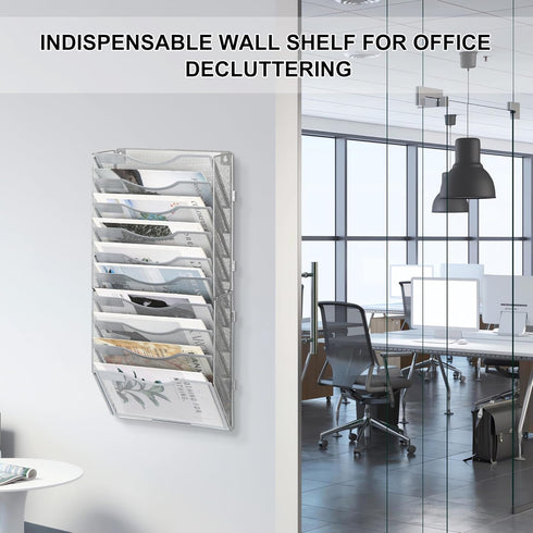 EasyPAG Mesh Wall File Holder, 10 Pockets Vertical Office Hanging File Organizer, Silver Magazine Rack for Documents