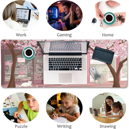 LIMKRIAN 31.5in Cat Mouse Pad Large Desk Mat, Pink Cherry Blossom Computer Mousepad with Stitched Edges Non-Slip