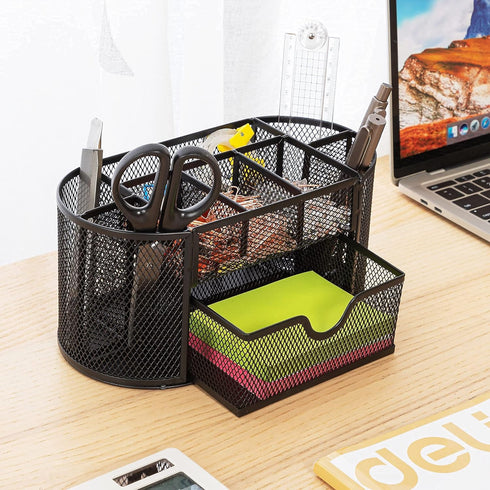 deli Mesh Desk Organizer Office Desktop Organizer with Drawer, Metal Stationary Organizer Desk Caddy Pen Holder, 8 Compartments, Black by deli