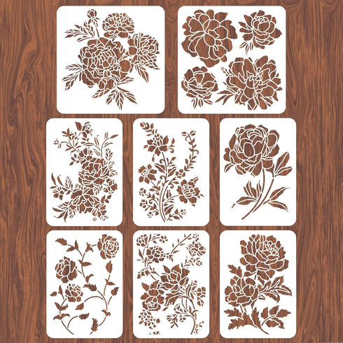 8pcs Peony Wall Stencils, 11.7x8.3" Reusable Plastic Template for Painting on Wood, Wall, DIY Home Decor