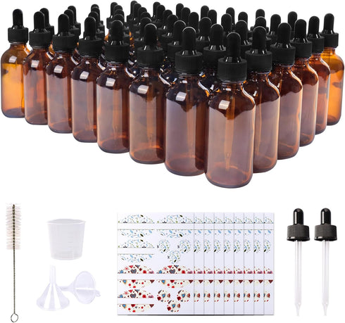 48 Pack 2oz Amber Glass Bottles with Eye Droppers for Essential Oils, Perfumes & Lab Chemicals