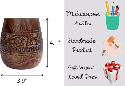 Mie Creations Designer Pencil Holder for Desk, Wooden Paintbrush Cup, Cute Makeup Brush Organizer, Brown