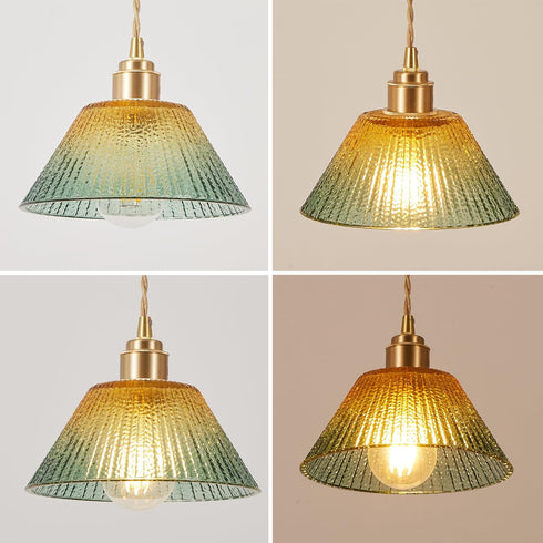 YJQHXY E26 4.72" 6.56 Amber-Green Stained Glass Cone Pendant Light, Fluted Shade, Brass Socket with Ceramic Core, US
