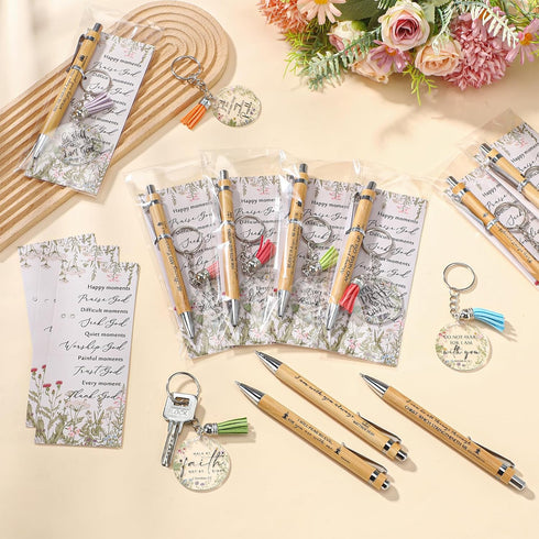 Christian Church Gifts Bulk Bible Verse Bamboo Pens, Floral Keychain, Inspirational Bookmark for Women