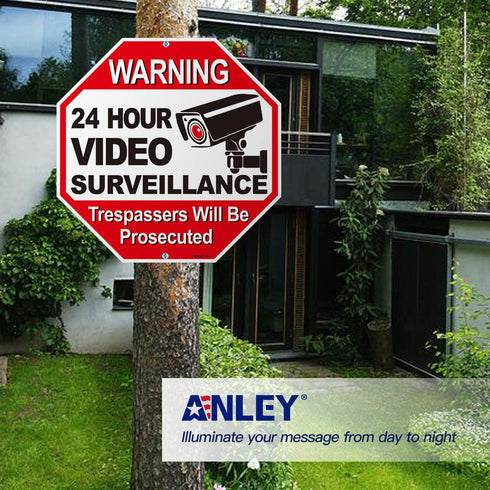 Anley 24 Hour Video Surveillance Sign - Trespassers Will Be Prosecuted Aluminum Warning Sign - UV Protected,