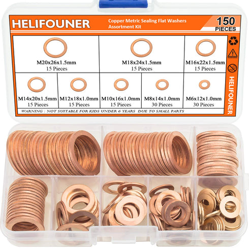 Copper Washers - 150PCS Assortment Kit with 8 Sizes Copper Metric Sealing Flat Washers