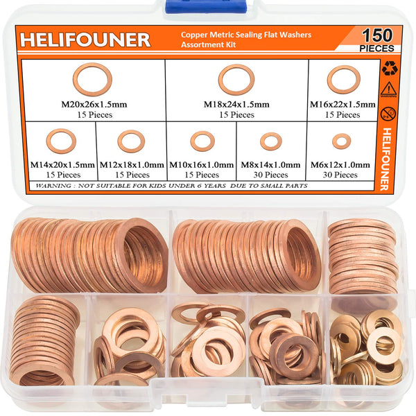Copper Washers - 150PCS Assortment Kit with 8 Sizes Copper Metric Sealing Flat Washers