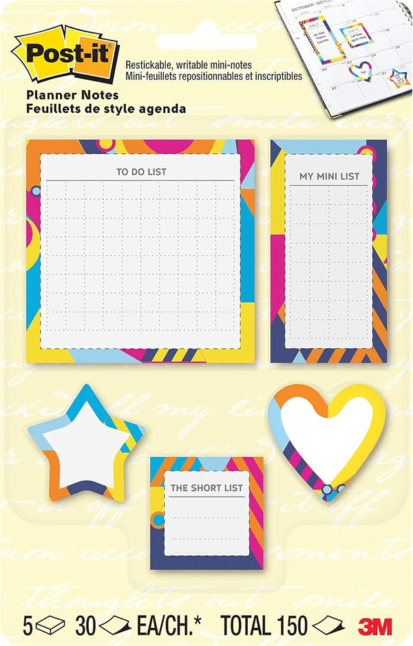 Post-it Notes Planner Sticky Notes, to Do List, Mini List, Short List and Shapes, 5 Pads, 30 Sheets/Pad
