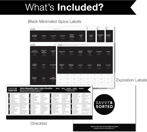 Black Spice Labels for Jars, 148 Preprinted Organizing Stickers for Spices Storage Glass Bottles, Kitchen Pantry