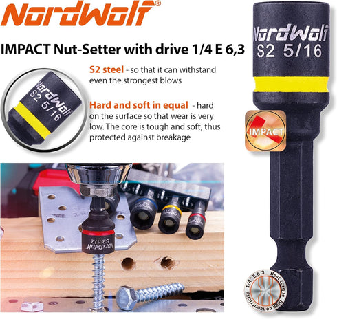 5-Piece SAE Nut Driver Set, Impact Magnetic Nut Setters, S2 Steel, Imperial Sizes 1/4"-1/2"