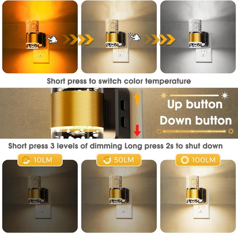 2 Pack, Dimmable 3 Night Lights Plug into Wall Night Light with Dusk-to-Dawn Light Sensor, Soft White/Cool White/Amber