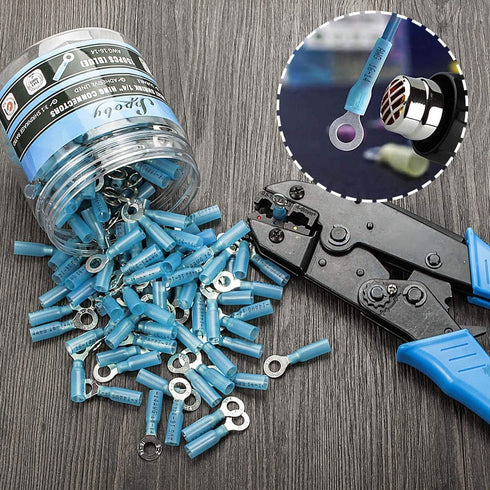 150PCS Heat Shrink Ring Connectors, 1/4" Blue 16-14 AWG, Sopoby Electrical Crimp Connector Kit