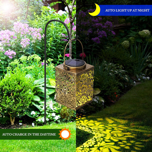 2 Pack Bronze Solar Lanterns - Waterproof Metal Hanging Solar Lights Outdoor Decorative, Solar Powered LED Lamp