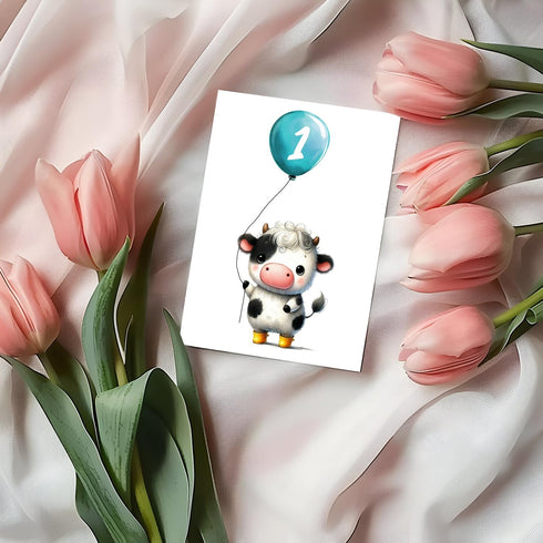 APVGifts 1St Dairy Cow Birthday Card - Birthday Card - Dairy Cow With Balloon - Animal Lover - Gift For Kid - Toddler
