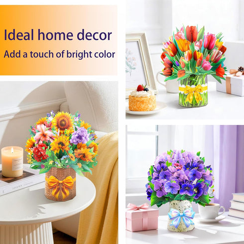 QZHIWLP 3 Pack 3D Pop Up Flower Cards Floral Bouquet Pop Up Cards for Mom - Mothers Day Card, Birthday Card for Women