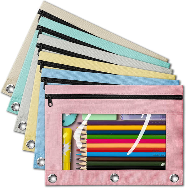V-Opitos 6 Pack Pencil Pouch for 3 Ring Binder, Pastel Colors Zipper Pouches with Clear Window, Durable Cloth Pencil