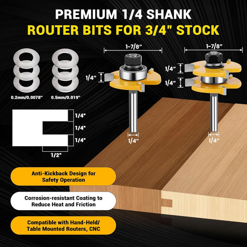 Junreox 2PCS Set, 3rd 1/4 3/4" 1/2" 3 Tongue and Groove Router Bit Gen. Shank Router Bits for Stock, Cutting Depth