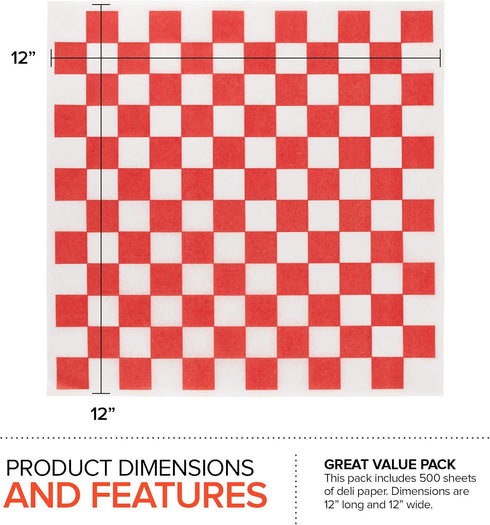 (500 Count) 12-Inch Packaging Deli Paper Sheets Red Checkered Square Sandwich Wrapping Paper Grease Resistant Perfect