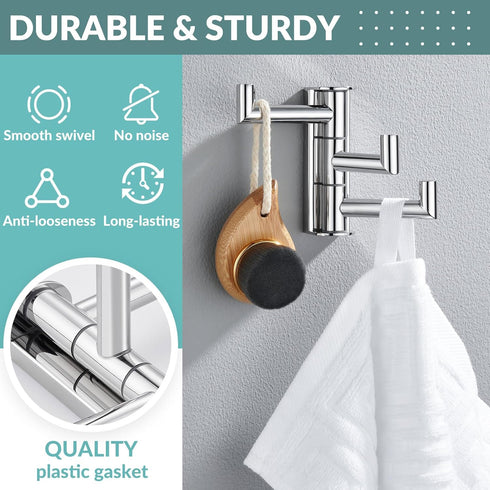 APLusee Swivel Towel Hook, Polished Chrome 304 Stainless Steel Triple Robe Hook with Multi Rotating Arms