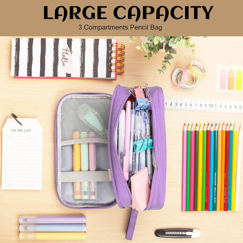 Big Capacity Pencil Case, Durable 3 Compartment Pen Pouch, Portable Zipper Stationery Organizer for Kids, Teens, Adults