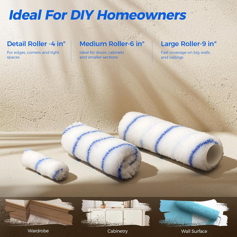 Gmiekkly 3.93Ft 30Pcs Set 9, 6 4 Paint Roller Kit with Extension Pole for Walls and Ceilings, House Painting Supplies