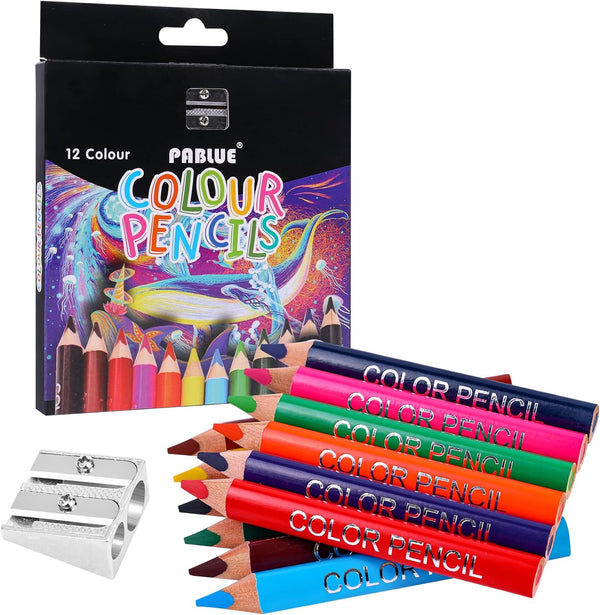 Triangular Jumbo Color Pencils, Short Fat Pre-Sharpened Colored Pencils with Eraser and Sharpener for Toddlers Student