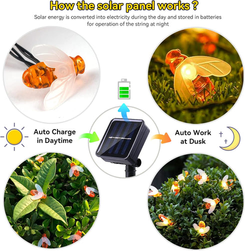 Solar Bee String Lights, 30 LED Cute Waterproof Outdoor Fairy Lights with 8 Modes for Wedding Home Garden Patio